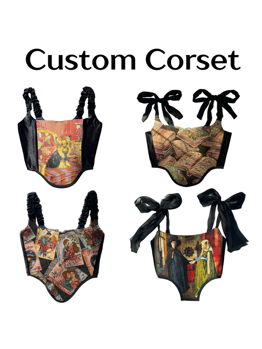 Custom corset with decorative design and black bows on a white background