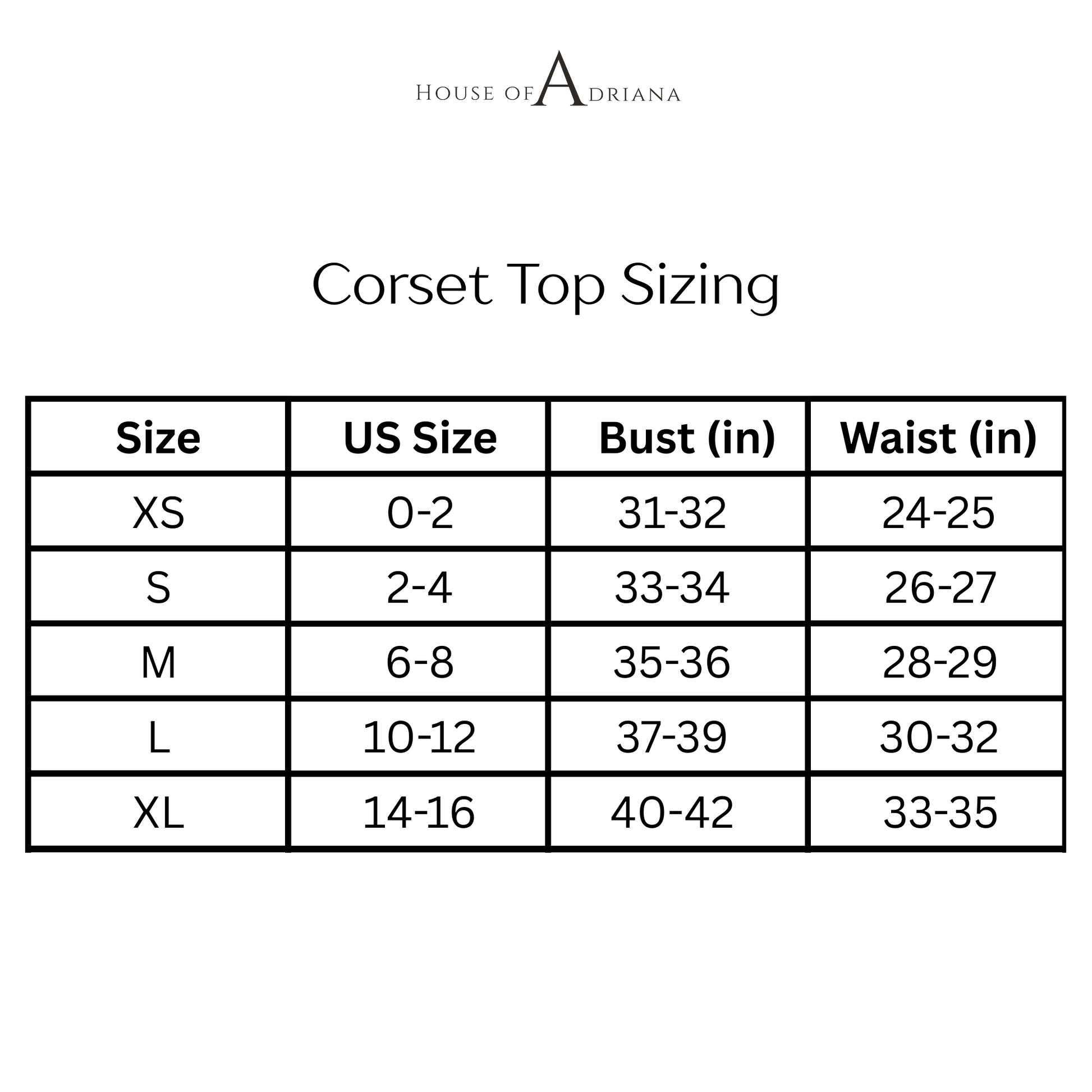 house of adriana corset top sizing